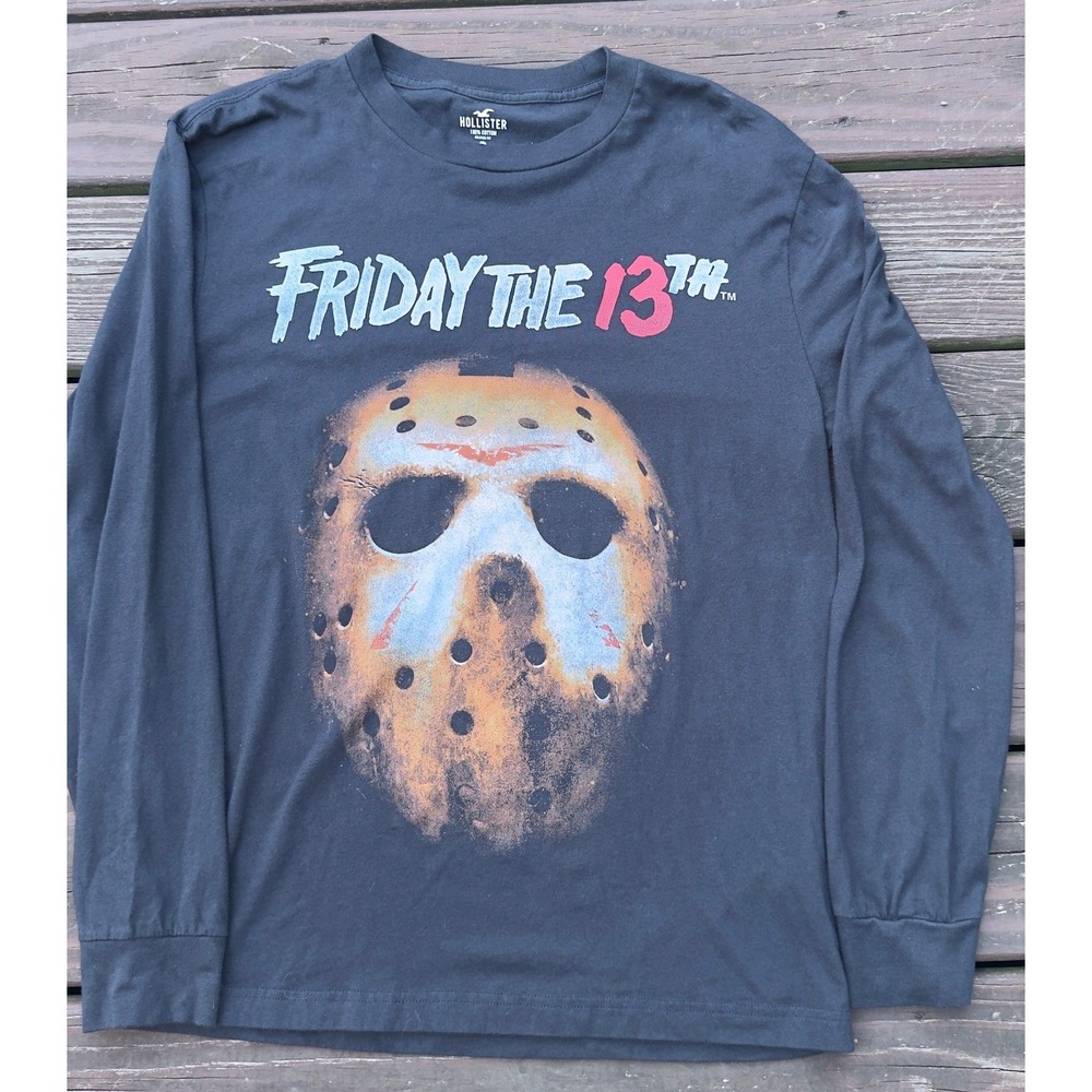 Hollister Friday the 13th Shirt Mens M Black Jason Camp Crystal Lake Long Sleeve